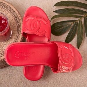 CHANEL Cambon CC‎ Logo Mules Flats Slip-On Sandals Coral Pink EU 37.5 US 7.5